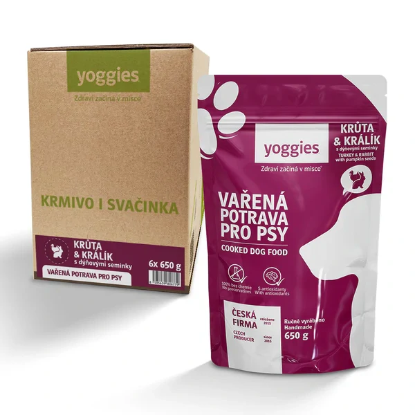 650g Yoggies Vařená potrava pro psy – krůtí a králičí maso s dýňovými semínky a kloubní výživou